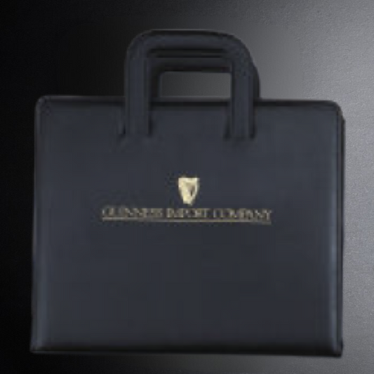 Black briefcase with a logo and text on a dark background