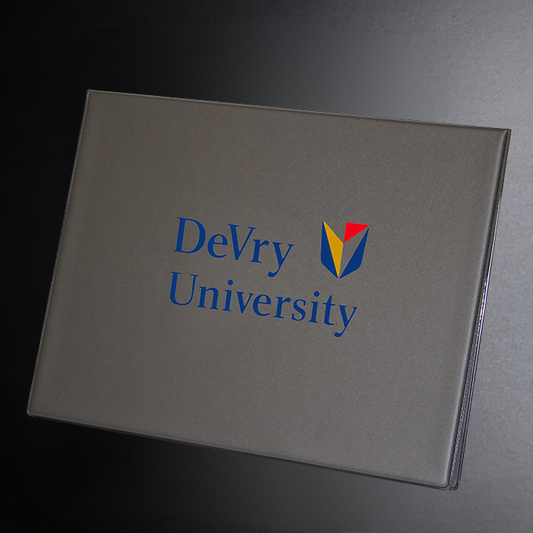 Gray box with DeVry University logo on a dark background