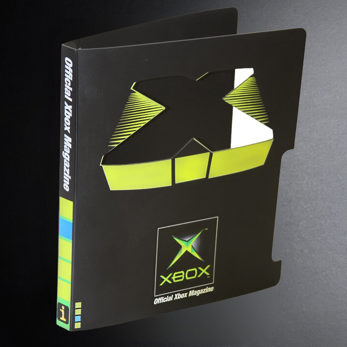 Black magazine with Xbox logo on a gray background