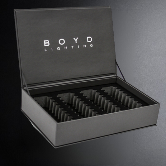 Box of Boyd Lighting products on a gray background