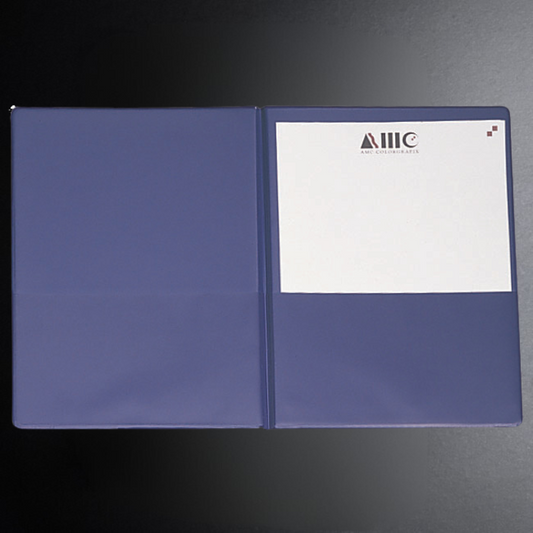 Blue folder with a white sheet of paper featuring a logo on a dark background