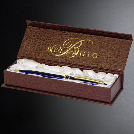 Bellagio pen set in a brown leather box on a gray background