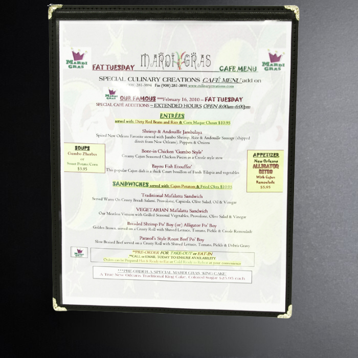 Menu board with text and images on a dark background