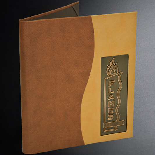 Brown and beige menu cover with 'Flames' logo on a dark background