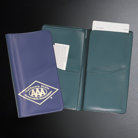 Blue and green card holders with AAA logo on a dark background