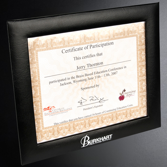 Framed certificate of participation with Burkhart branding on a gray background