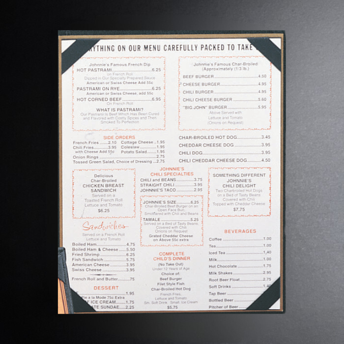 Menu with food items and prices on a black background