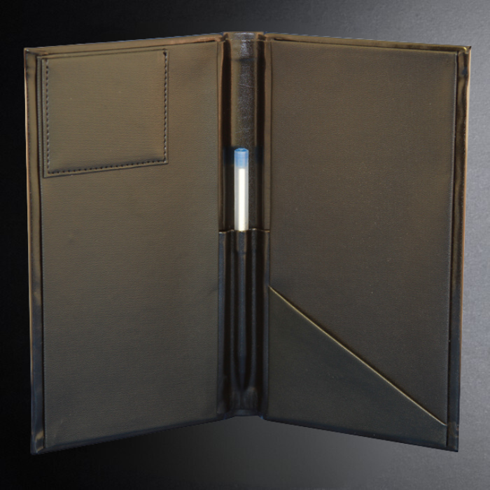Brown leather menu cover with pen holder on a dark background