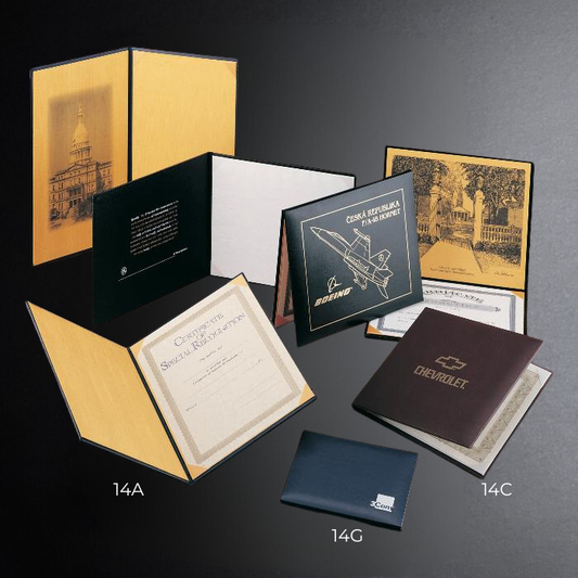 Collection of branded folders and certificates on a dark surface