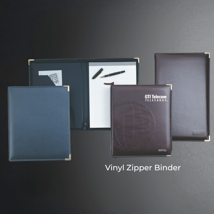 Four vinyl zipper binders on a dark gray background with 'GTI Telecom Telecard' branding.