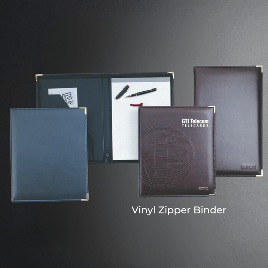 Four vinyl zipper binders on a dark gray background with 'GTI Telecom Telecard' branding.