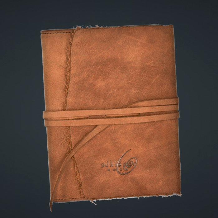 A brown leather binder with a flush cut flap and debossed logo on the cover.