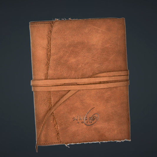 A brown leather binder with a flush cut flap and debossed logo on the cover.