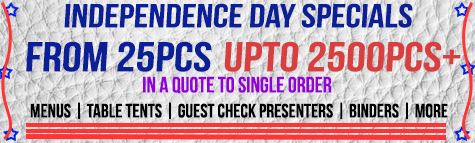 Order Custom Guest Products, Menus, QR Code Table Tents and Binders for Independence Day